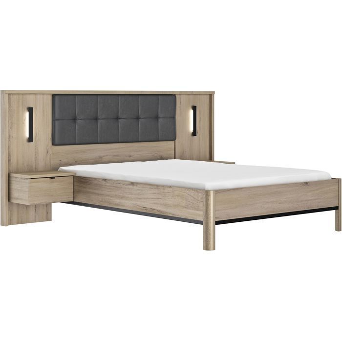 Volwassen bed met nachtkastjes met panelen - MAXIMIN - 140 x 190 cm - Licht Krönberg Eikenhout - GAMI