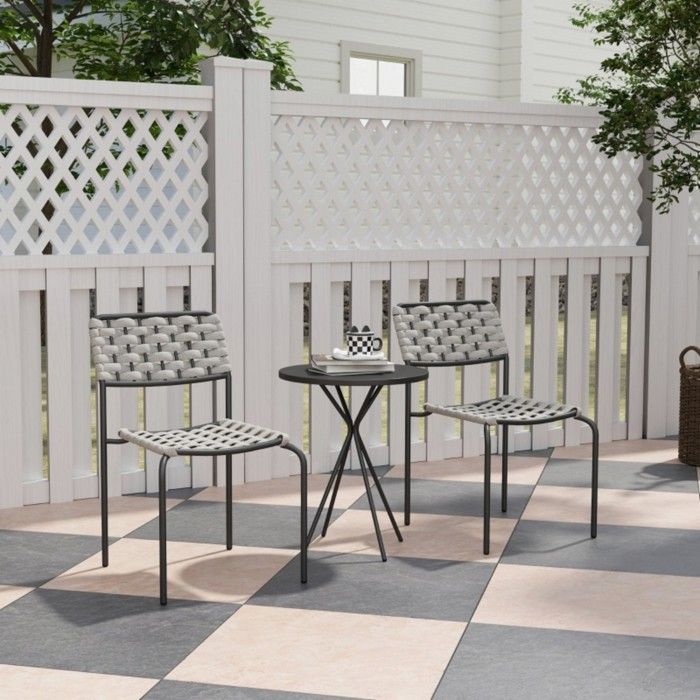 Salon de Jardin 3 Pièces en Polyrotin Gris avec Table et 2 Chaises Empilables Résistant aux Intempéries