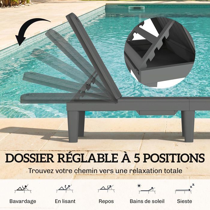 Set di 2 poltrone relax - Outsunny - Schienale regolabile in 5 posizioni - Tavolino laterale - Plastica - Grigio