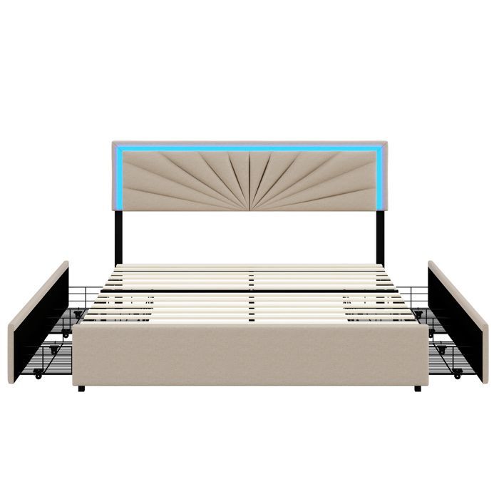 Cama doble de 160 x 200 cm con iluminación LED y 4 cajones, tapizada con cabecero regulable, somier de láminas, tela de lino, color beige.