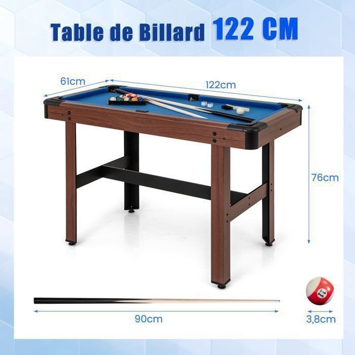 Mesa de billar compacta COSTWAY de 122 cm - 16 bolas - 2 tacos - Triángulo - Cepillo - 2 tizas - Superficie de terciopelo - Patas ajustables - Azul