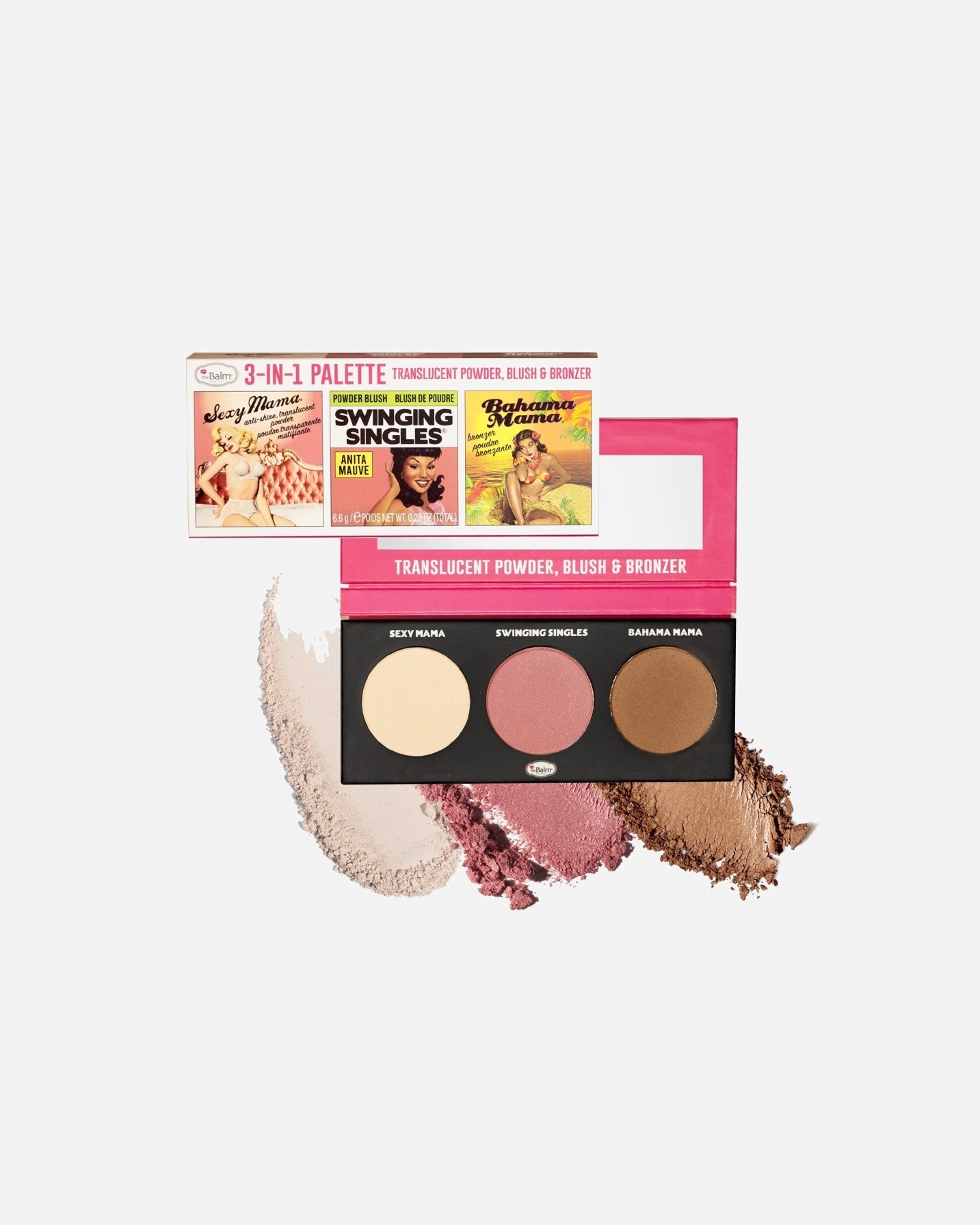 „theBalm“ makiažo rinkinys „Puder, Rouge & Bronzer“ 3 viename paletėje – 6,6 g