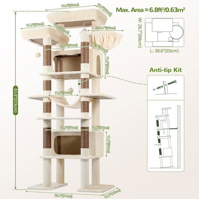 Cat tree - HOLISANE - 213 cm - Beige - 2 cubbies 50x30x30 cm - 8 sisal posts