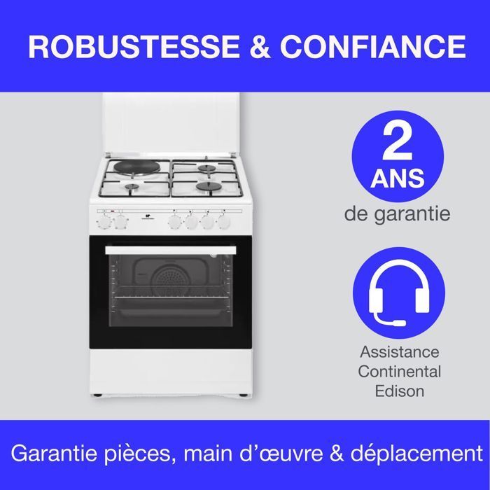 Cucina mista CONTINENTAL EDISON CECM60FCW - 3 bruciatori a gas + 1 bruciatore elettrico - L59,8 x P61 x H83 cm - Bianca