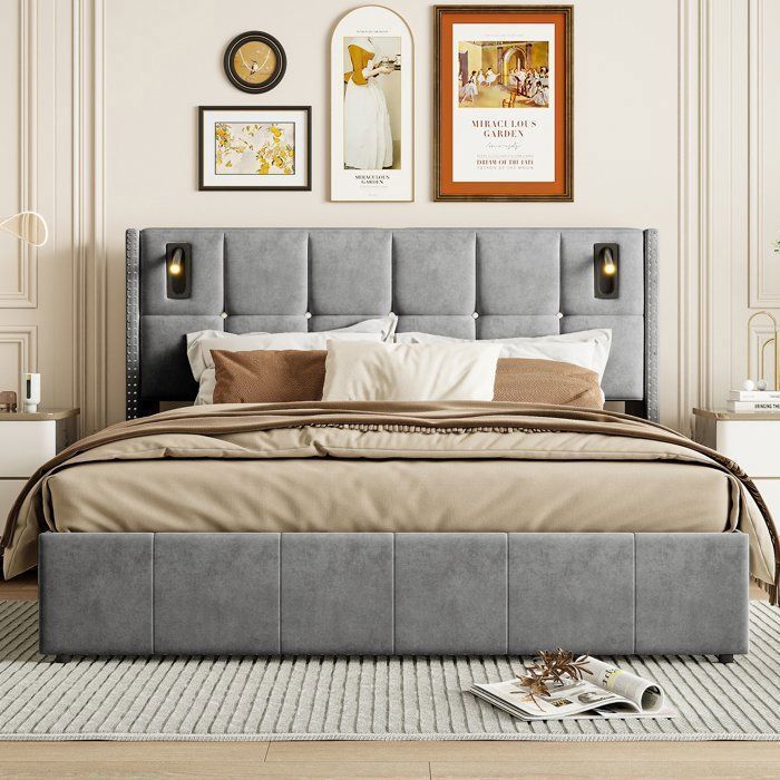 Cama de almacenamiento de 160 x 200 cm con somier de láminas, cama doble con luces de lectura, cama de 160 x 200 cm con somier de láminas, cama tapizada en terciopelo gris.