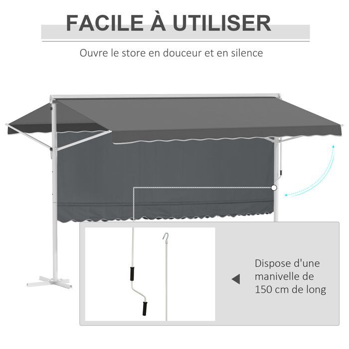 Store Double Pente 4 x 3 m Manuel rétractable Inclinaison réglable métal époxy Blanc Polyester imperméabilisé Anti-UV Gris