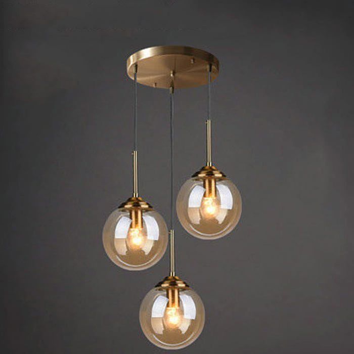 Ambre Boule De Verre Suspension Lustre Industriel Vintage en Laiton Lustre 3 Lumières Suspension Cluster E27 Socket Plafonnier pour