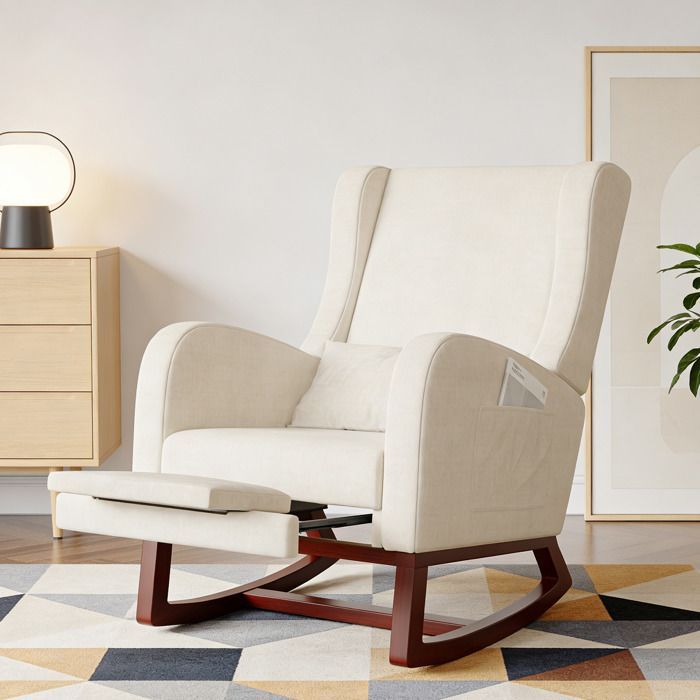 Fauteuil à bascule - Repose-pieds réglable - Rocking Chair - Fauteuil d'allaitement - avec 2 poches - Pieds en Bois Massif - Beige