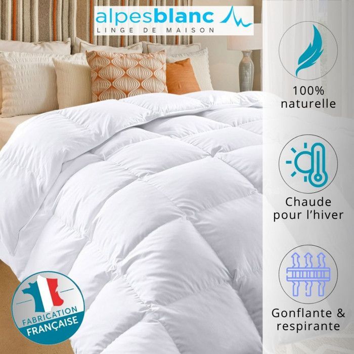 ALPES BLANC - Couette Naturelle en Plume 360g/m² - 220x240 cm – Chaude et Respirante – Fabrication Française - Garnissage Neuf