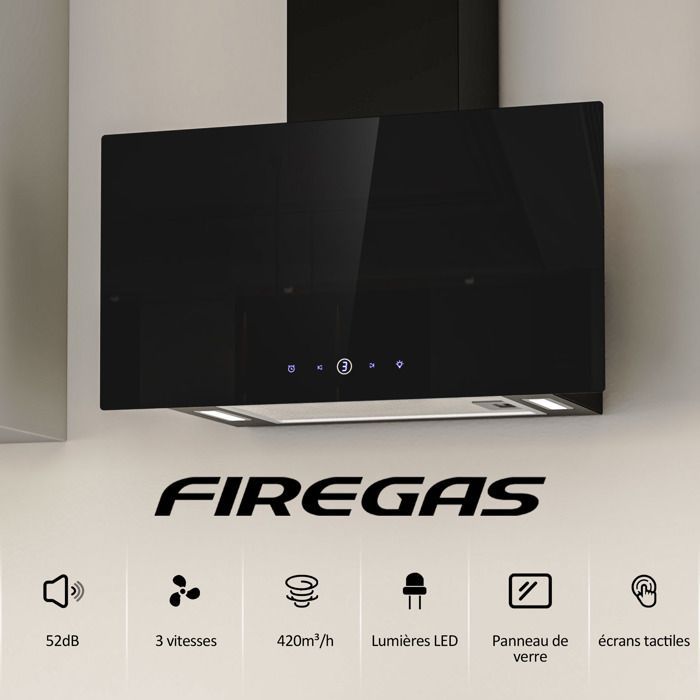 FIREGAS 60 cm Dunstabzugshaube – 350 m³/h – Energieeffizienzklasse A+++ – Umluft- und Abluftbetrieb – 3 Leistungsstufen – 2 Aktivkohlefilter – Schwarz