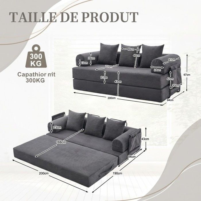 Canapé‑lit modulable - LANGTU - Modulaire Convertible - Velours côtelé gris foncé - Cadre métal - 3 places (200 cm)