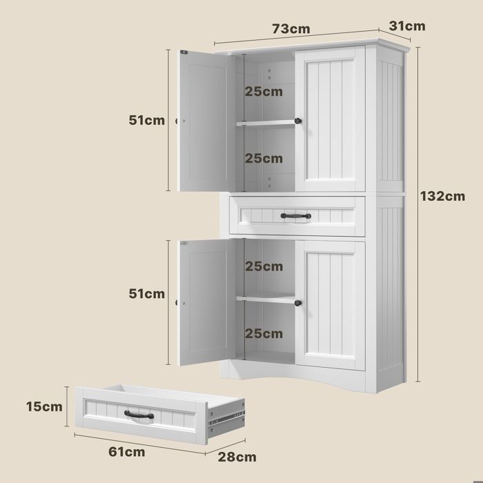 Meuble Haut Salle de Bain - Bealife - Rangement Modulable - 2 Portes - 1 Tiroir - Étagères Réglables - Blanc 73x31x130cm