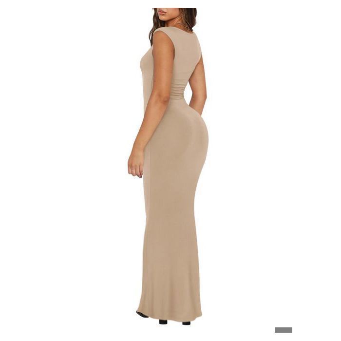 REORIA Robe Maxi Côtelée Beige XS — Décolleté Carré, Maternité & Allaitement, Coupe Ajustée Sirène