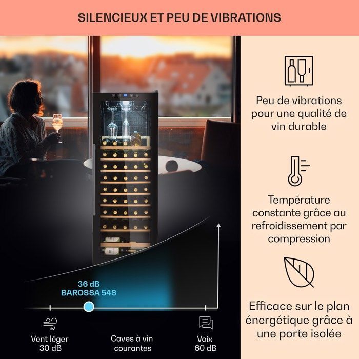 Klarstein Cave à vin 54 bouteilles étagères en bois amovibles porte en verre écran LCD 5 à 18°C Cave à Vin Vieillissement Noir