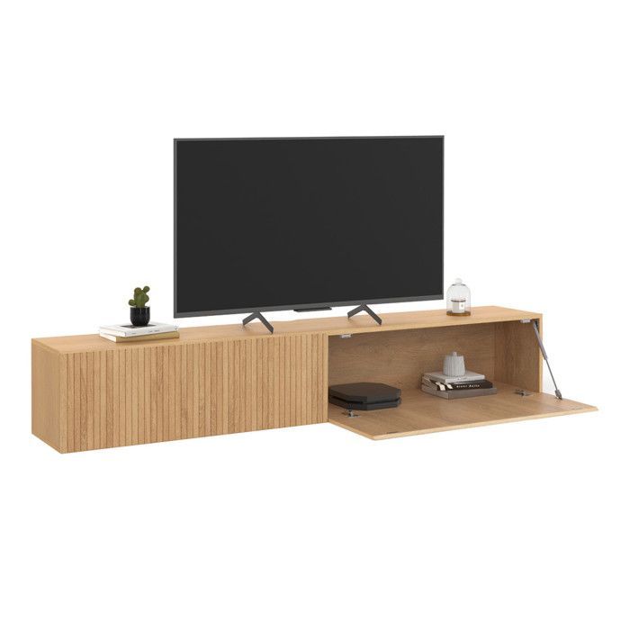 IDMARKET JULIETTE 180 cm wandmeubel voor tv met houten latten en profielen, eikenhouten afwerking