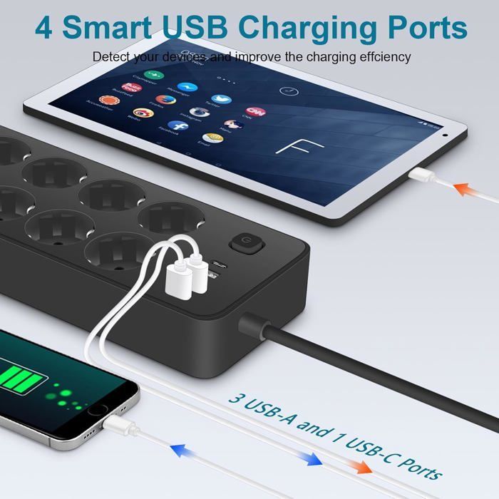 Regleta de 8 tomas con 1 puerto USB-C, 3 puertos USB-A (5V 2A/12W), protector contra sobretensiones con cable de alimentación e interruptor.
