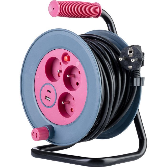 Carrete de cable DIY con 3 tomas + 2 puertos USB-A/C - Rosa - Zenitech