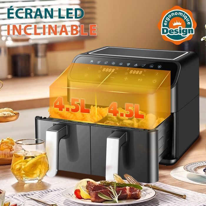 Friteuse sans Huile SIN-802X – Air Fryer Double Cuve 9L avec Séparateur Amovible – Grand Écran Couleur – 10 Programmes – 2200W