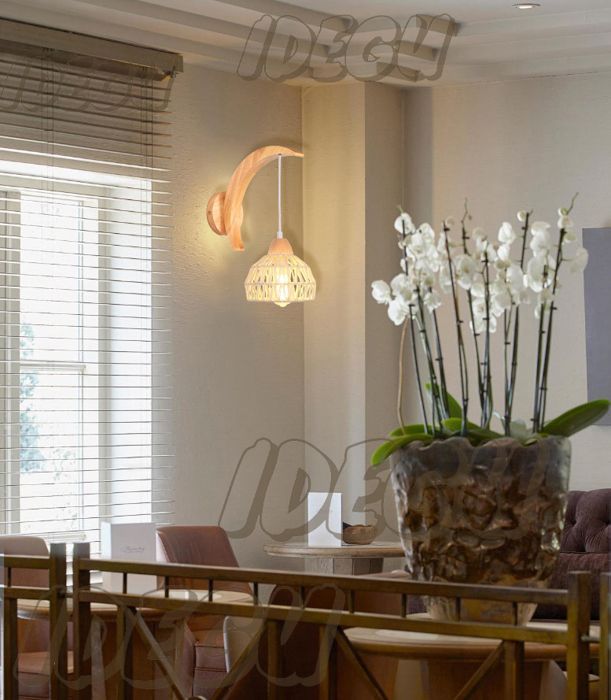 IDEGU Applique Murale Intérieure en Bois et Rotin Suspension Luminaire Industrielle Design Croissant E27 Lampe Mural Réglable,Blanc