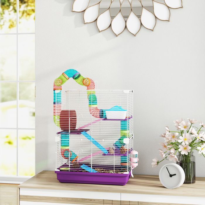 PawHut 4-stöckiger Hamster-/Nagerkäfig mit Tunneln, Futternapf, Laufrad, Häuschen und Leitern – 46 x 30 x 58 cm – Lila