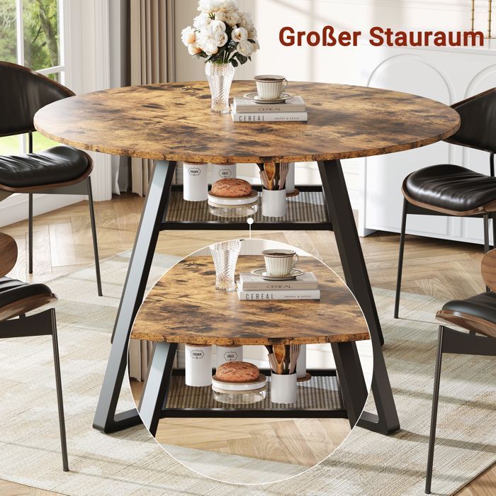 Mesa de comedor redonda de 120 cm, para 4 a 6 personas, con base de metal, ideal para la cocina, con compartimento de almacenamiento y color marrón.