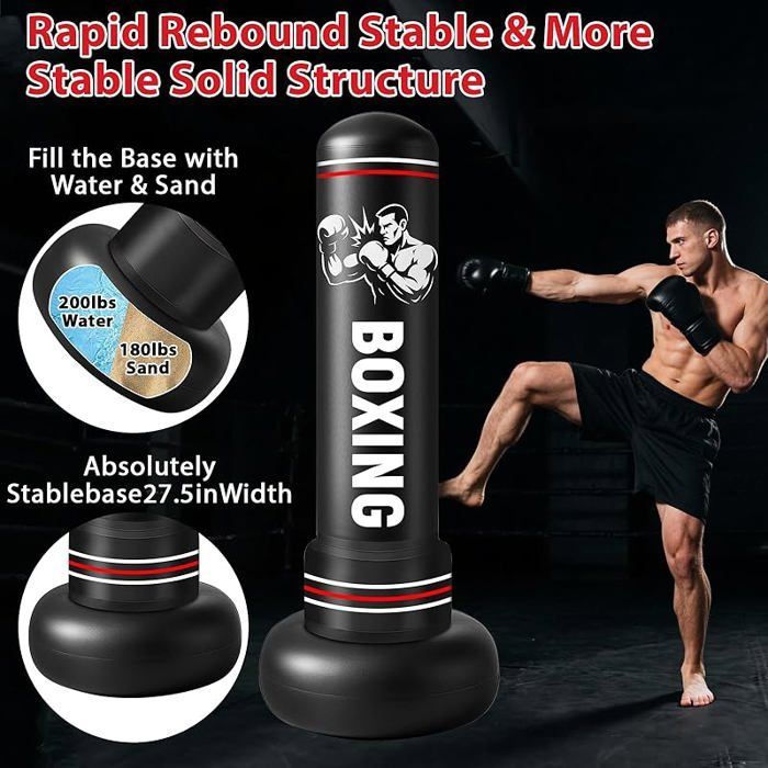 Saco de boxeo inflable para adultos de 190 cm con guantes y bomba de aire, saco de boxeo independiente para niños, para MMA, kárate y fitness.
