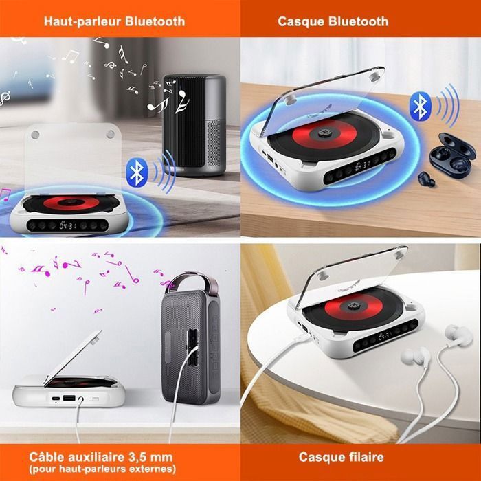Reproductor de CD portátil con Bluetooth 5.3, batería recargable de 2000 mAh, reproductor de CD/MP3 con USB, salida AUX de 3,5 mm, sonido Hi-Fi, ultrafino, blanco.