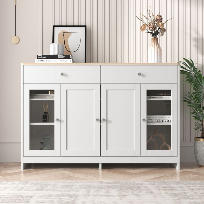 Buffet Salon Elégant, Meuble d'entrée 4 Portes 2 Tiroirs, Armoire de Cuisine, Portes en verre,120x37x80cm, Bois et Blanc