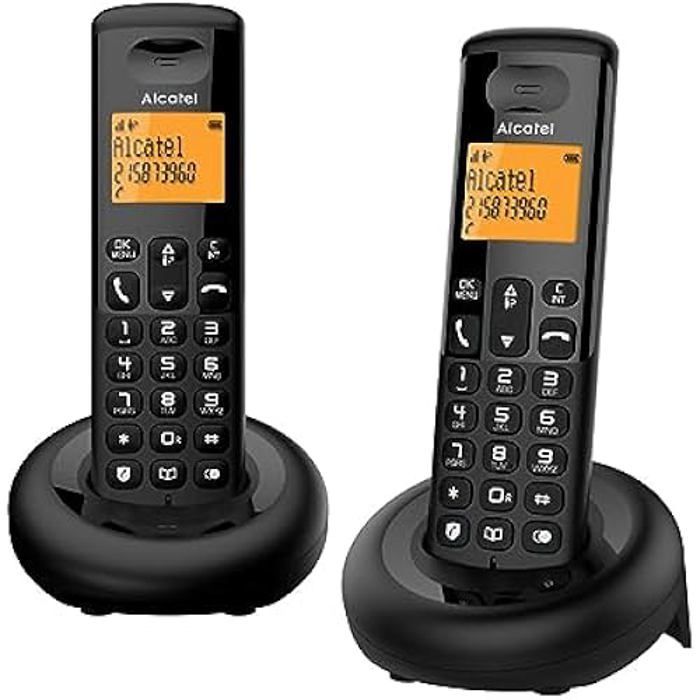 Teléfono inalámbrico DECT Alcatel E160 Duo negro con bloqueo de llamadas no deseadas, pantalla grande retroiluminada naranja, fácil de usar.