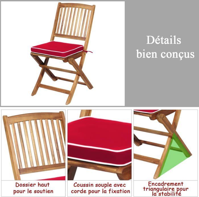 Conjunto de muebles de jardín plegables de madera de acacia de 3 piezas COSTWAY: 1 mesa, 2 sillas, 2 cojines rojos extraíbles - Sala de estar, patio, bistró