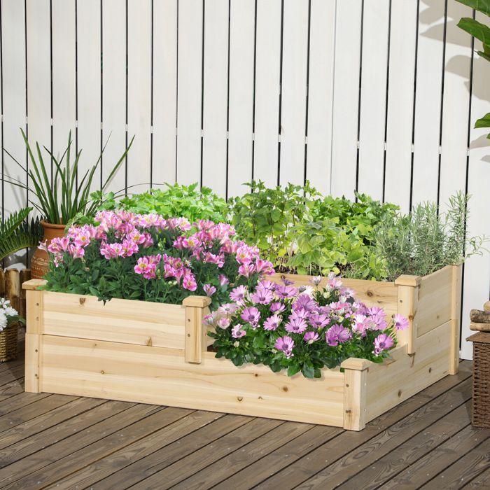 Huerto elevado Outsunny - 3 niveles - zonas independientes - diseño sin fondo - madera maciza - 108 x 88 x 36 cm - madera natural