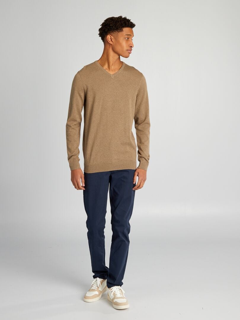 Gebreide trui met V-hals voor personen langer dan 190 cm - BEIGE