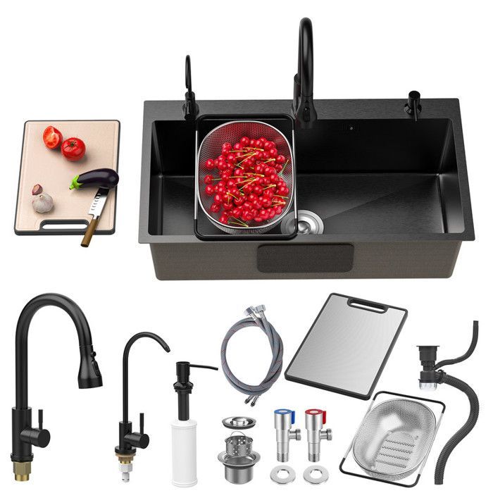 Fregadero de cocina de acero inoxidable de 80x45 cm – FIANAO – un solo seno – revestimiento nano – drenaje rápido X – grifo extraíble + accesorios
