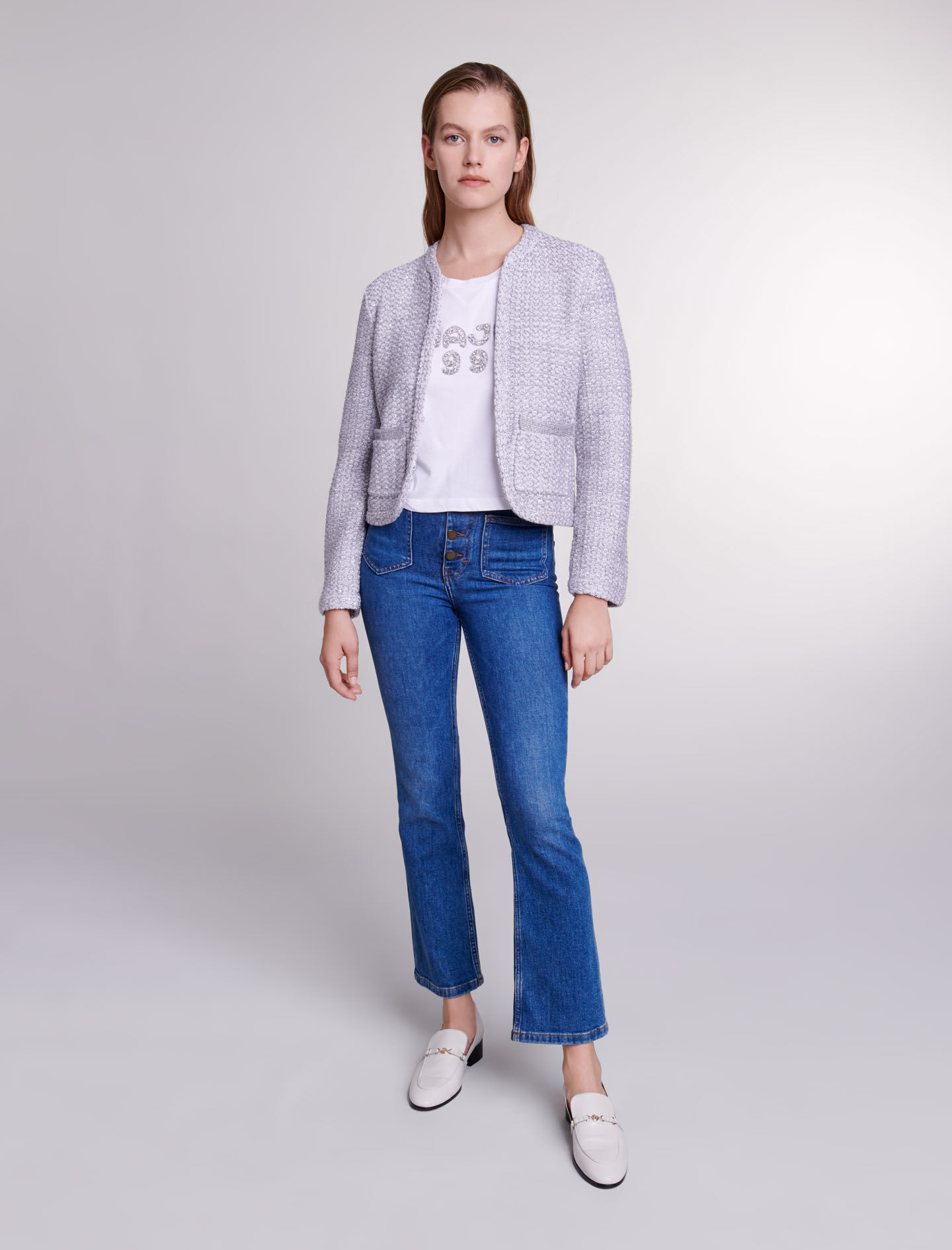 Cardigan tricotat cu efect tweed - Argintiu