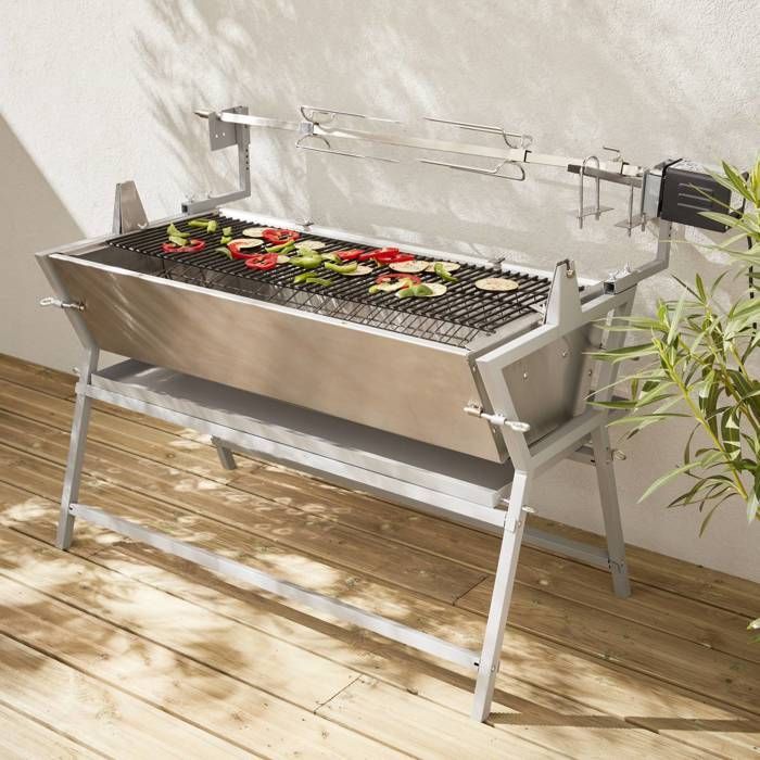 Motorized tilting charcoal rotisserie in stainless steel with spit and cover MATHURIN WITH COVER