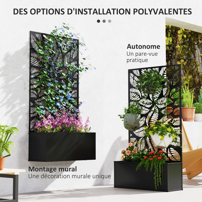 Planter - Outsunny - with trellis as a privacy panel - rectangular - metal - 61 x 23 x 113 cm - black