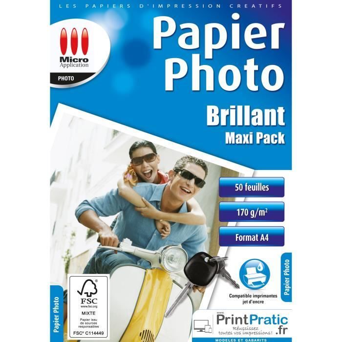 Carta fotografica lucida formato A4 - Confezione maxi - 170 g/m² - 50 fogli - Micro applicazione