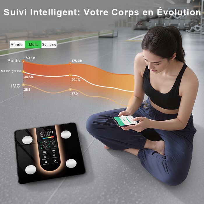Intelligente Badezimmerwaage mit 25 Körperanalyseanzeigen, VA-Farbdisplay, Mehrbenutzerfähig, kompatibel mit Android und iOS, max. 180 kg
