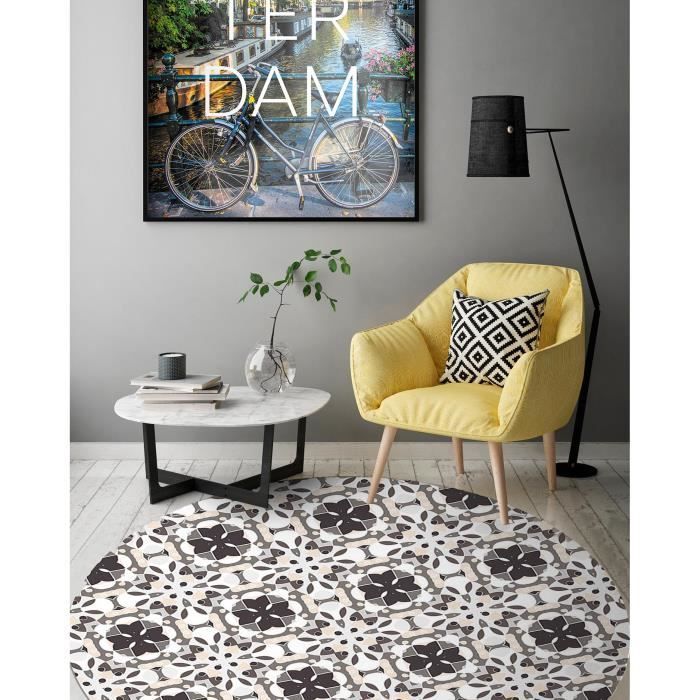 Alfombra redonda panorámica de vinilo con estampado de mosaico hidráulico oriental, gris, 100x100 cm - Alfombra de PVC para cocina, oficina y sala de estar.