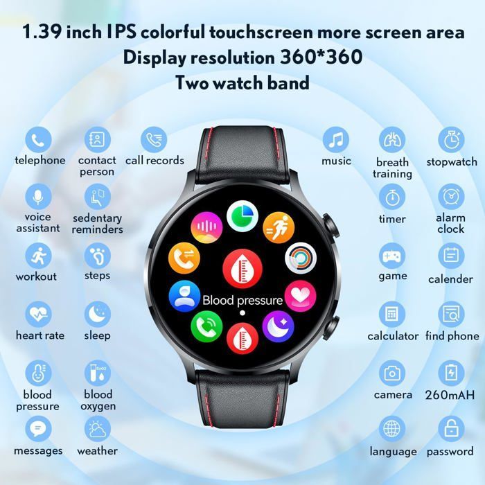 Montre Connectée Homme - WOOPSO - Écran 1.39'' - Étanche IP67 - Appels Bluetooth - Bracelet Cuir