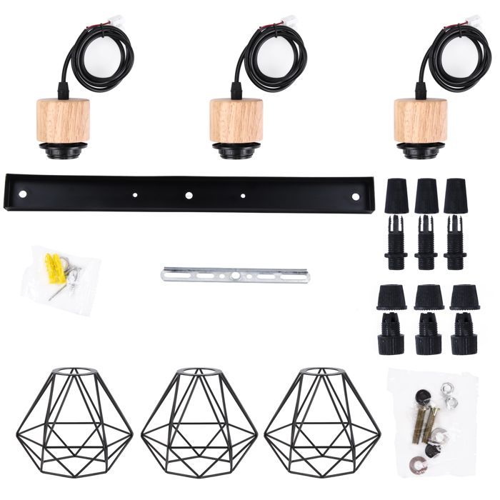 UNI Suspension Luminaire en Bois Fer Lustre Suspension Deisgn Vintage Industrielle pour Salle à Manger Chambre Salon Noir