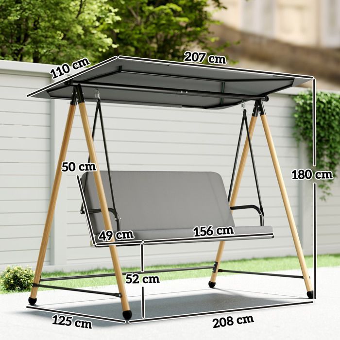 Tuinschommel - Outsunny - 3 zitplaatsen - Verstelbare luifel en afneembaar dik kussen - Stalen frame - 208x125x180cm - Grijs