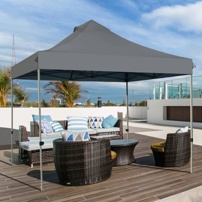 GOPLUS 3x3M opvouwbare partyparty partytent, pop-up tuinpartytent, verstelbare poten 305/320/335CM, met rolkoffer, grijs