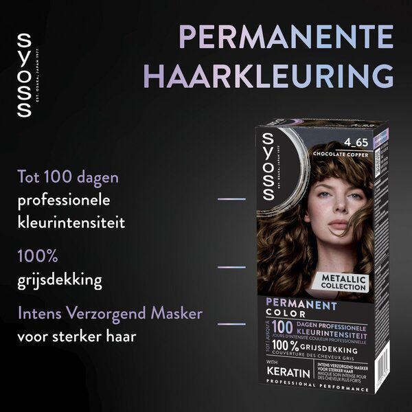 „Syoss Professional Performance Metallic Collection“ 4-65 šokolado ir vario spalvos ilgalaikiai plaukų dažai
