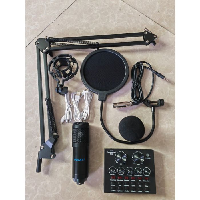 FOLAYA Bm800 Podcast Kit Complet,Kit de microphone à condensateur professionnel avec carte son V8 for le Studio de karaoké à