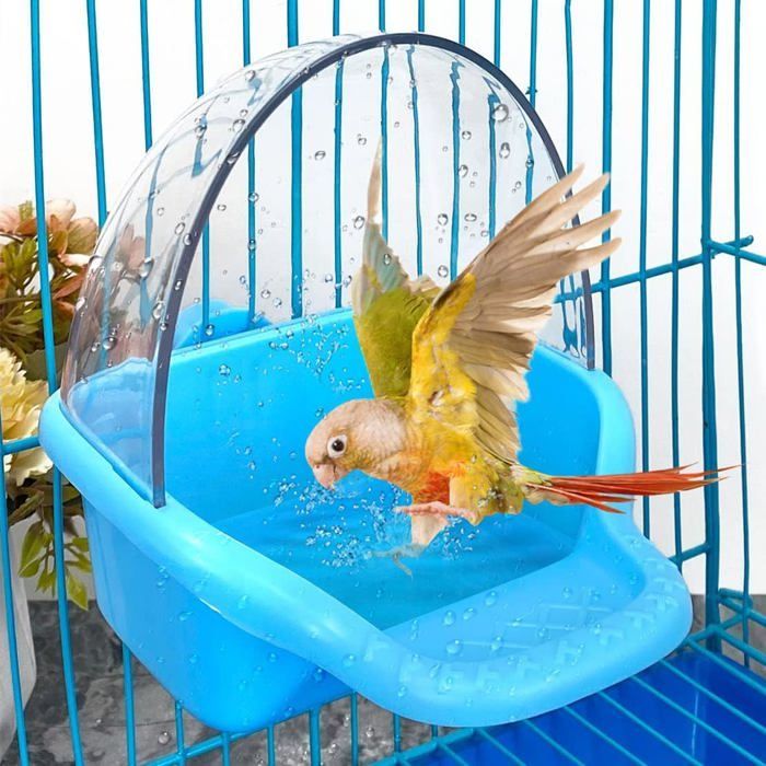 Caja de baño colgante para pájaros, juguete de baño para jaula de periquitos y loros, accesorio para bandeja de ducha de agua. Etiqueta