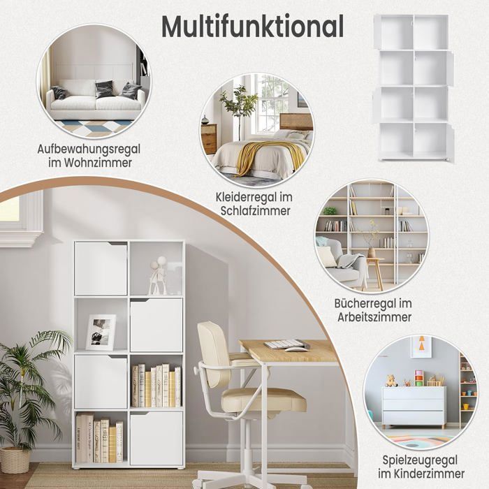WOLTU Bibliothèque Étagère, Meuble de Rangement, 8 Cubes de Rangement, 4 Portes, en Bois d'Ingénierie, 60x30x120cm, Blanc W0ATT0296