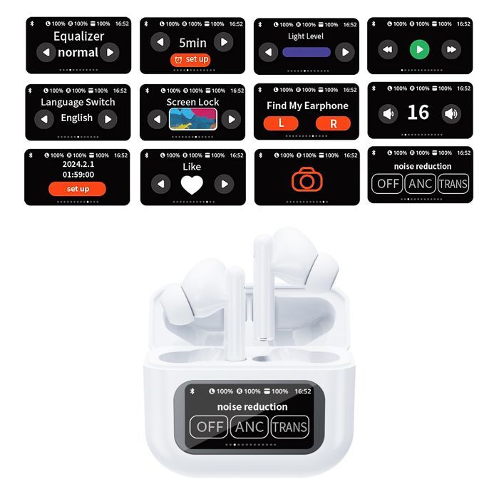 DAM Écouteurs TWS KW-07, BT 5.4, avec annulation active du bruit ANC. Base de chargement avec écran LED. 6,1x2,6x5,1 Cm. Blanc