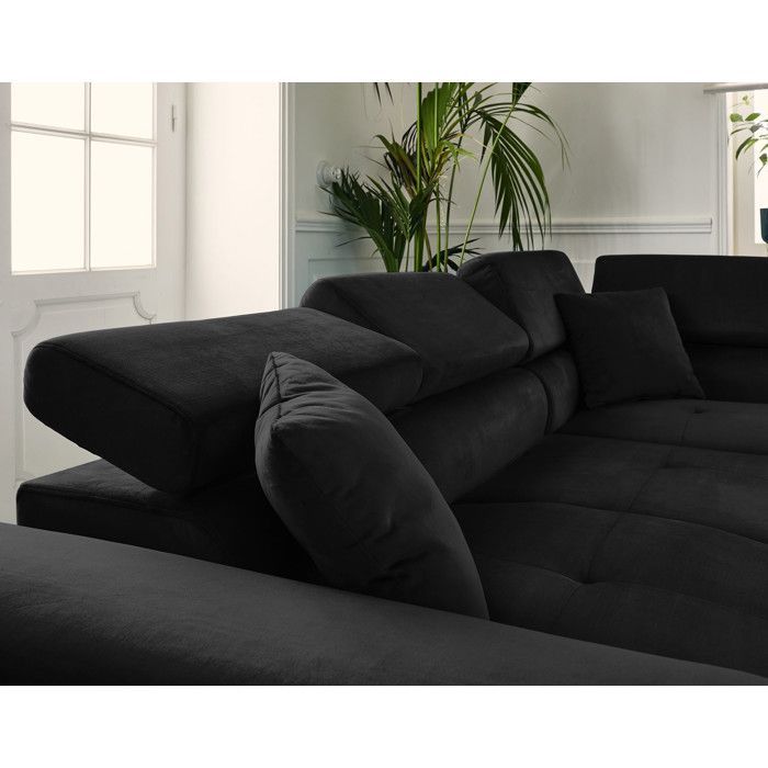 Dimas – 5-Sitzer Ecksofa rechts – ausziehbar mit Stauraum und verstellbaren Kopfstützen – in Samt – Schwarz