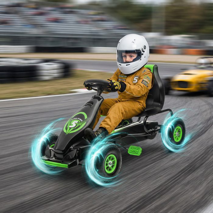 Kart à pédales - HOMCOM - go-kart véhicule enfant siège réglable 3 positions frein à main pneus antidérapant - métal PP - vert noir